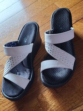 Skechers White Studded Slide Wedges